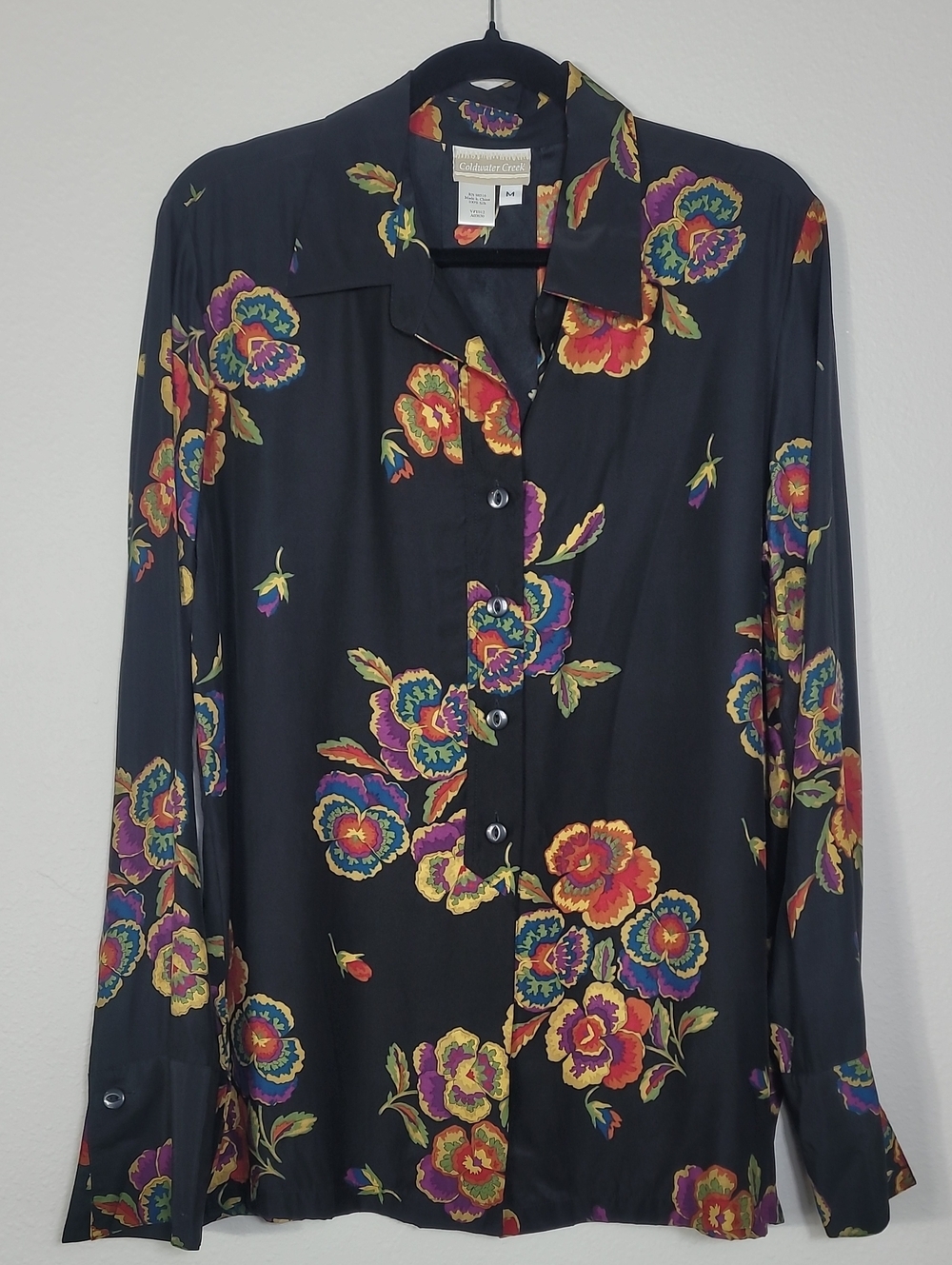 Vintage Coldwater Creek 100% Silk Floral Top Size Medium Black Classic Feminine